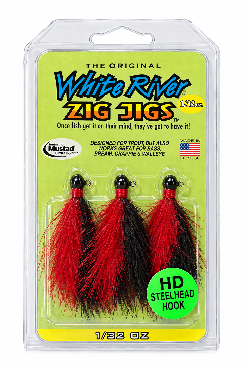 White River Zig Jigs Heavy Duty 1/32 oz Black/Red three-pack in retail clamshell packaging with green HD sticker