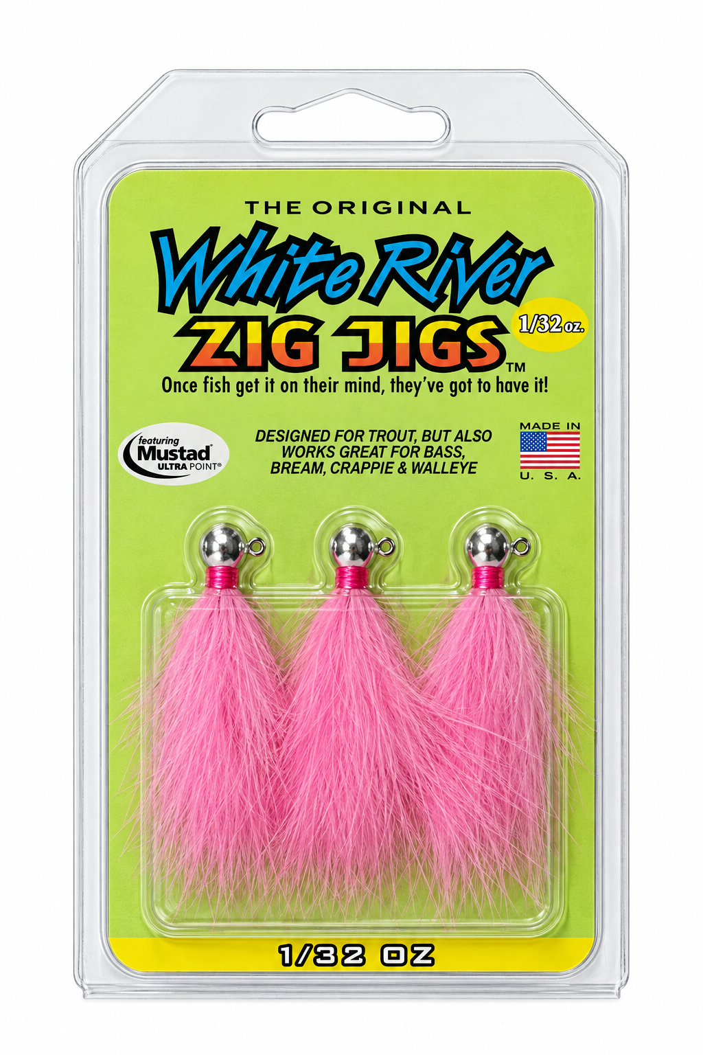 White River Zig Jigs regular 1/32 oz Chrome Pink three-pack in retail clamshell packaging
