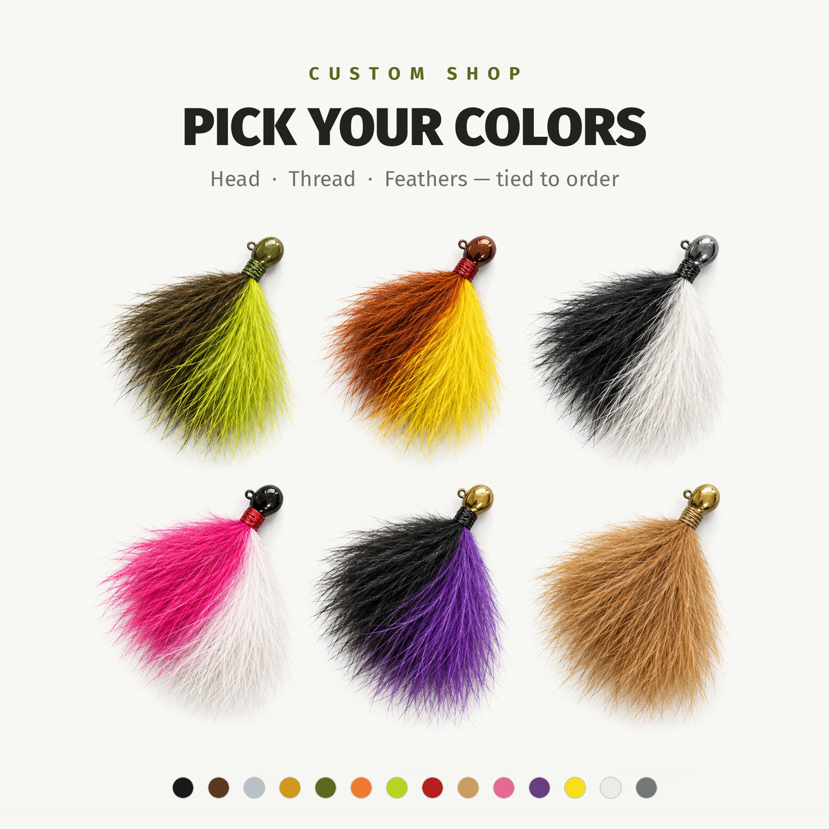 Custom Zig Jig — pick your head, thread and marabou colors. Six two-tone example jigs with the darker marabou on the eyelet side, plus the color palette.