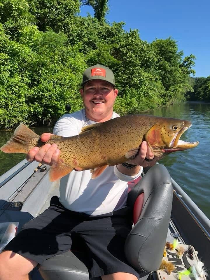 Dax’s first trip on the Norfork River in Arkansas produced this cutthroat (June 2020)