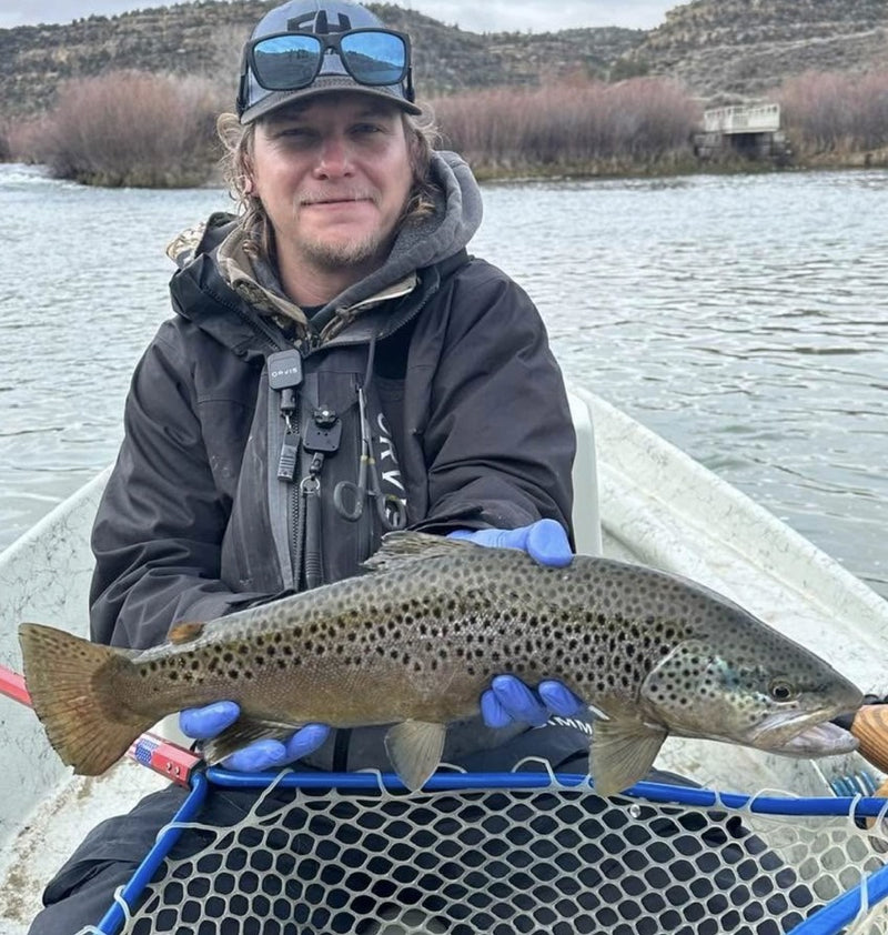 Jerry Yang's San Juan River brown trout from New Mexico, held by his guide, caught on a 1/8 oz olive/white Zig Jig HD